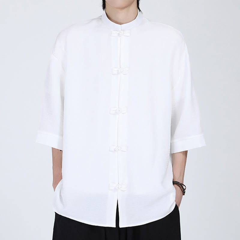 Camisa de manga corta para hombre con diseño de botones de rana y traje Tang liso con Buddha Stones - Blanco - US/UK/AU46, EU56 (5XL) - image 1