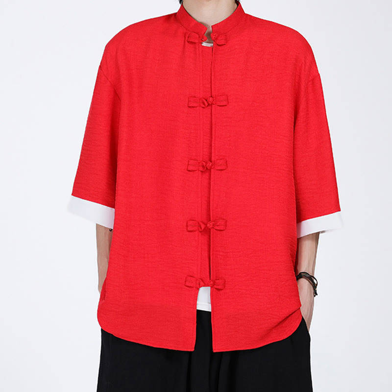 Camisa de manga corta para hombre con diseño de botones de rana y traje Tang liso con Buddha Stones - Rojo - US/UK/AU46, EU56 (5XL) - image 12