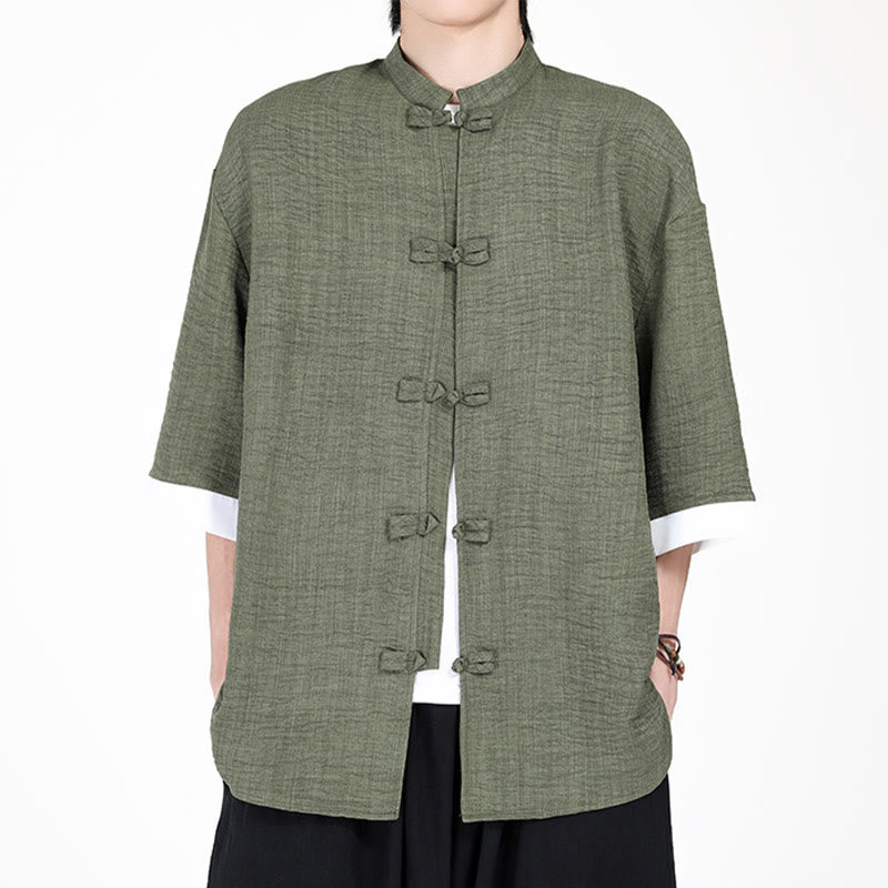 Camisa de manga corta para hombre con diseño de botones de rana y traje Tang liso con Buddha Stones - Verde mar oscuro - US/UK/AU46, EU56 (5XL) - image 0
