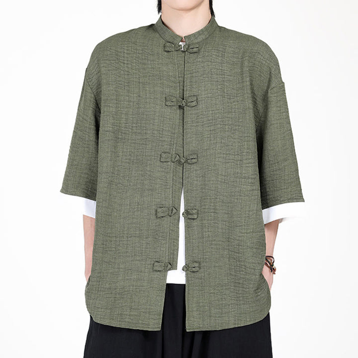 Camisa de manga corta para hombre con diseño de botones de rana y traje Tang liso con Buddha Stones - Verde mar oscuro - US/UK/AU46, EU56 (5XL) - image 0