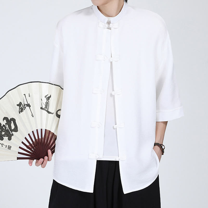 Camisa de manga corta para hombre con diseño de botones de rana y traje Tang liso con Buddha Stones - image 2