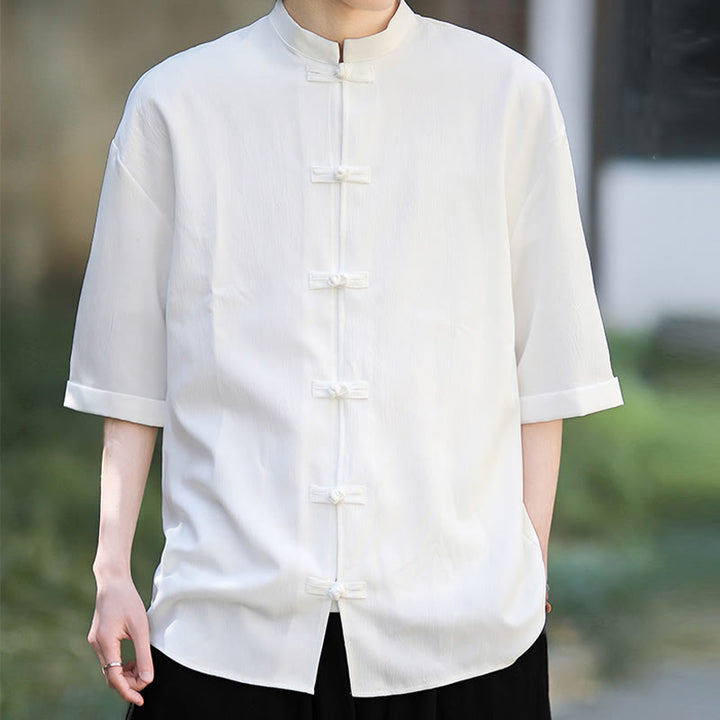 Camisa de manga corta para hombre con diseño de botones de rana y traje Tang liso con Buddha Stones - image 5