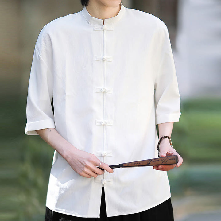 Camisa de manga corta para hombre con diseño de botones de rana y traje Tang liso con Buddha Stones - image 4