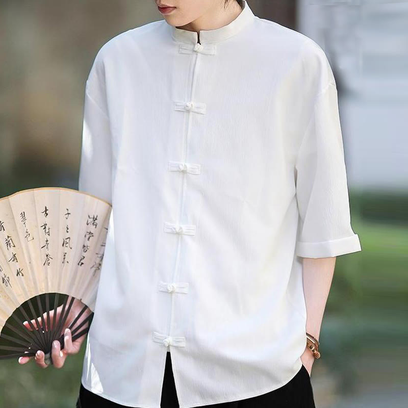 Camisa de manga corta para hombre con diseño de botones de rana y traje Tang liso con Buddha Stones - image 3