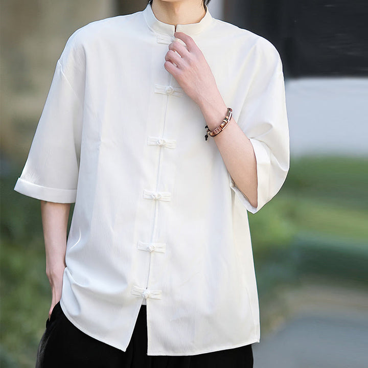 Camisa de manga corta para hombre con diseño de botones de rana y traje Tang liso con Buddha Stones - image 6