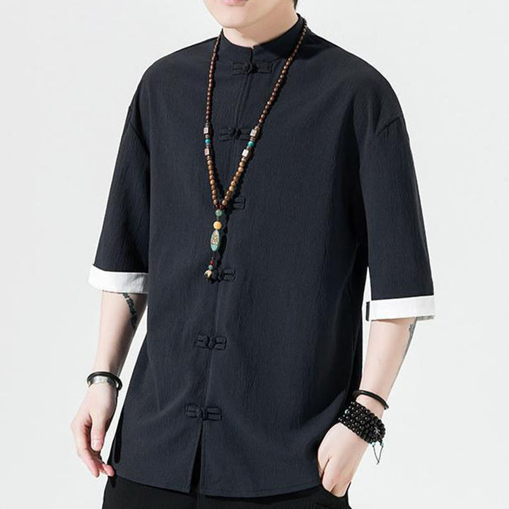 Camisa de manga corta para hombre con diseño de botones de rana y traje Tang liso con Buddha Stones - image 11