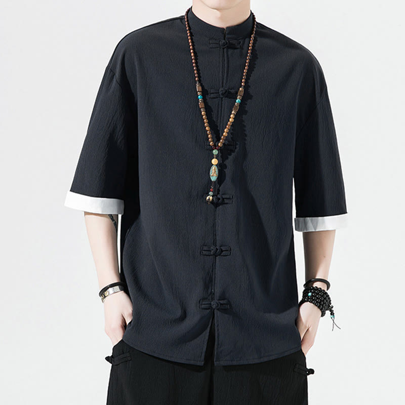 Camisa de manga corta para hombre con diseño de botones de rana y traje Tang liso con Buddha Stones - image 10