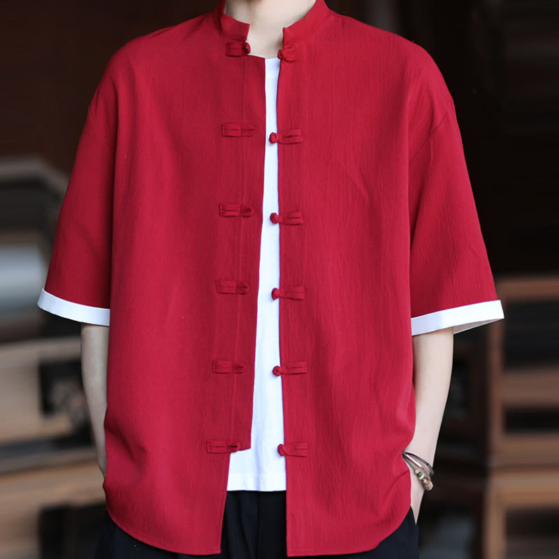 Camisa de manga corta para hombre con diseño de botones de rana y traje Tang liso con Buddha Stones - image 13