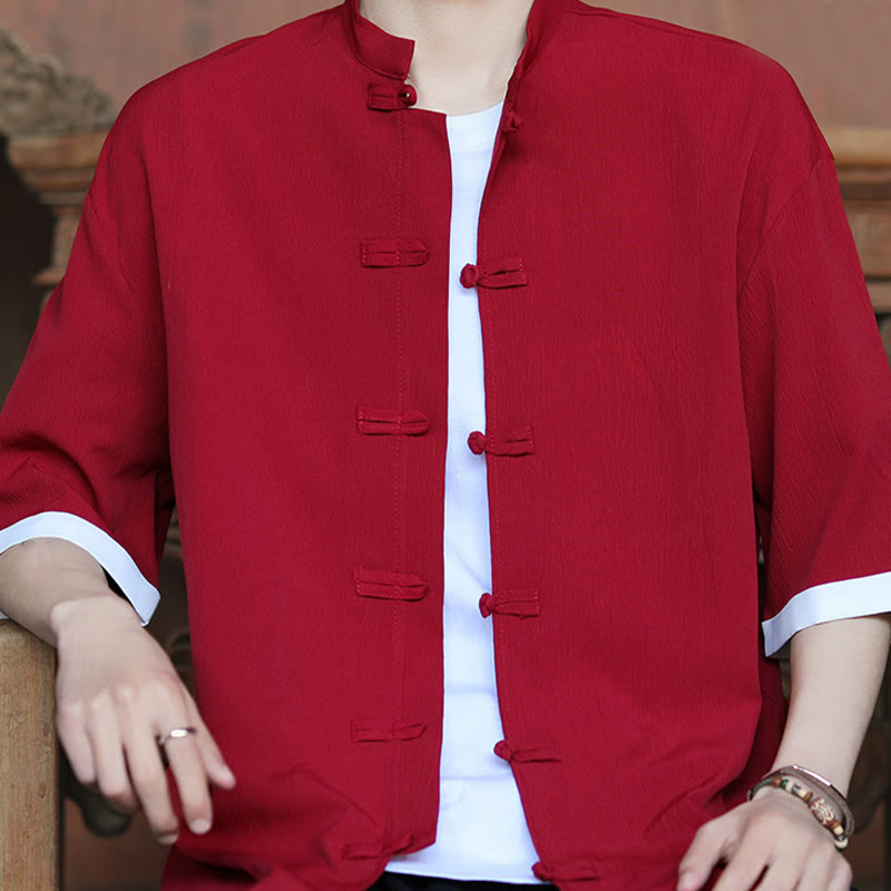 Camisa de manga corta para hombre con diseño de botones de rana y traje Tang liso con Buddha Stones - image 14