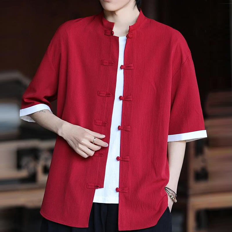 Camisa de manga corta para hombre con diseño de botones de rana y traje Tang liso con Buddha Stones - image 15