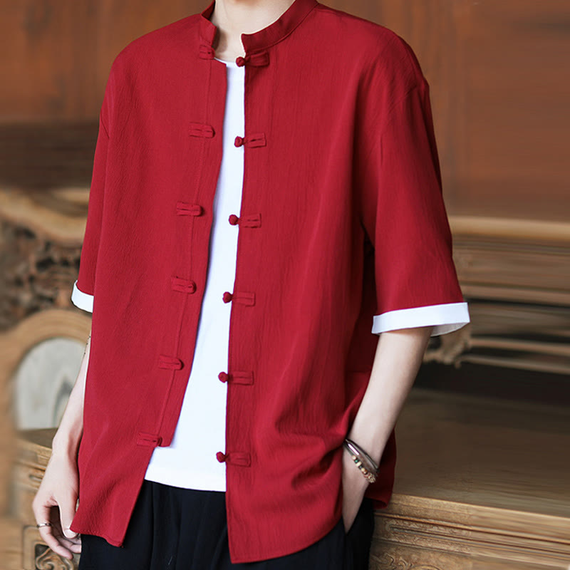 Camisa de manga corta para hombre con diseño de botones de rana y traje Tang liso con Buddha Stones - image 16