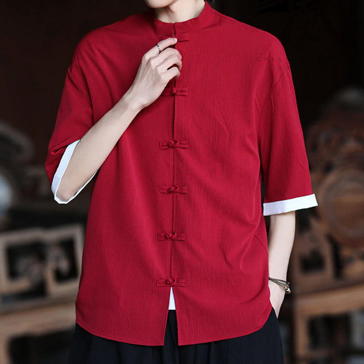 Camisa de manga corta para hombre con diseño de botones de rana y traje Tang liso con Buddha Stones - image 19