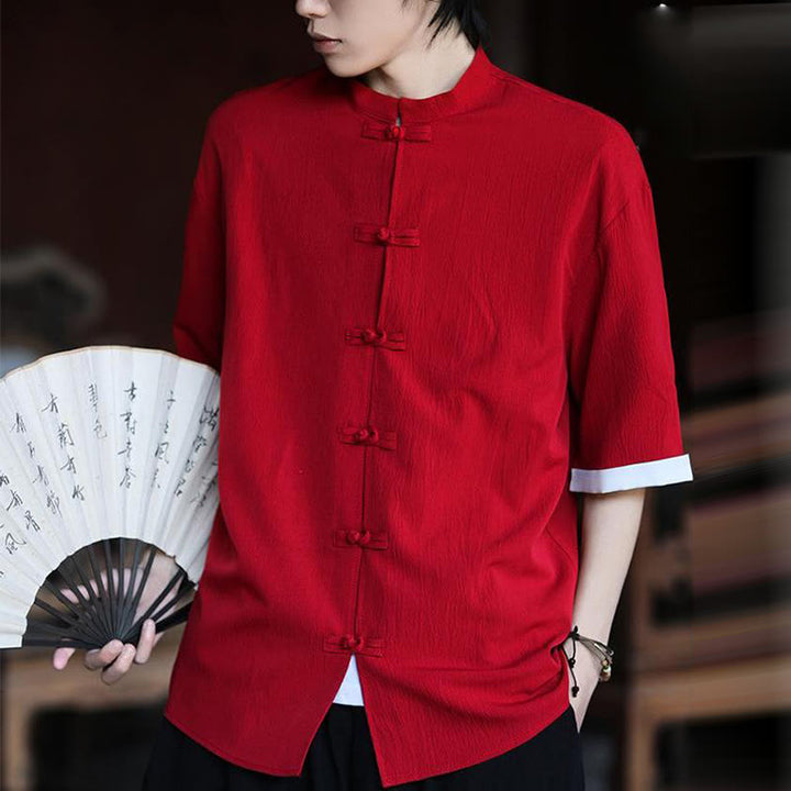 Camisa de manga corta para hombre con diseño de botones de rana y traje Tang liso con Buddha Stones - image 18