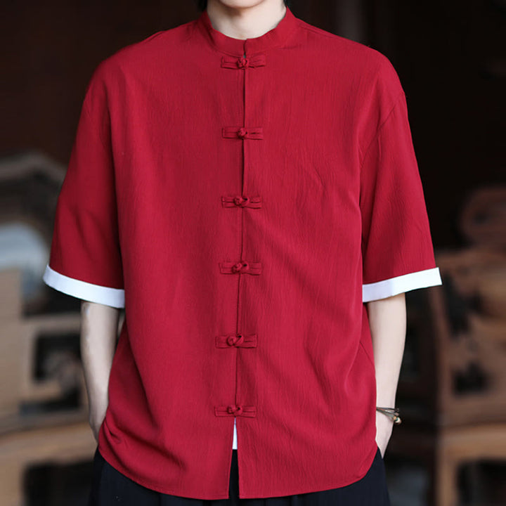 Camisa de manga corta para hombre con diseño de botones de rana y traje Tang liso con Buddha Stones - image 17