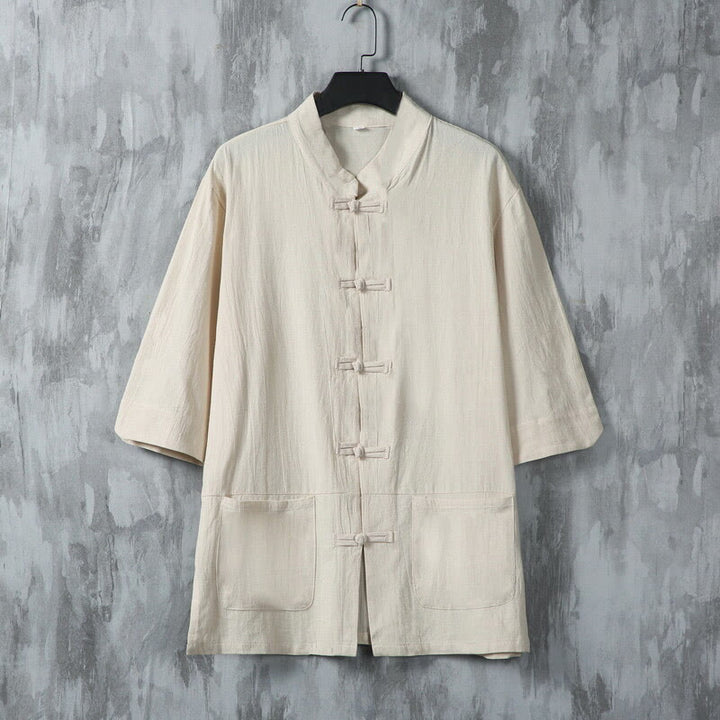 Camisa de lino de media manga para hombre con diseño de botones de rana y bolsillos, color liso, con Buddha Stones - Lino - US/UK/AU46, EU56 (5XL) - image 0