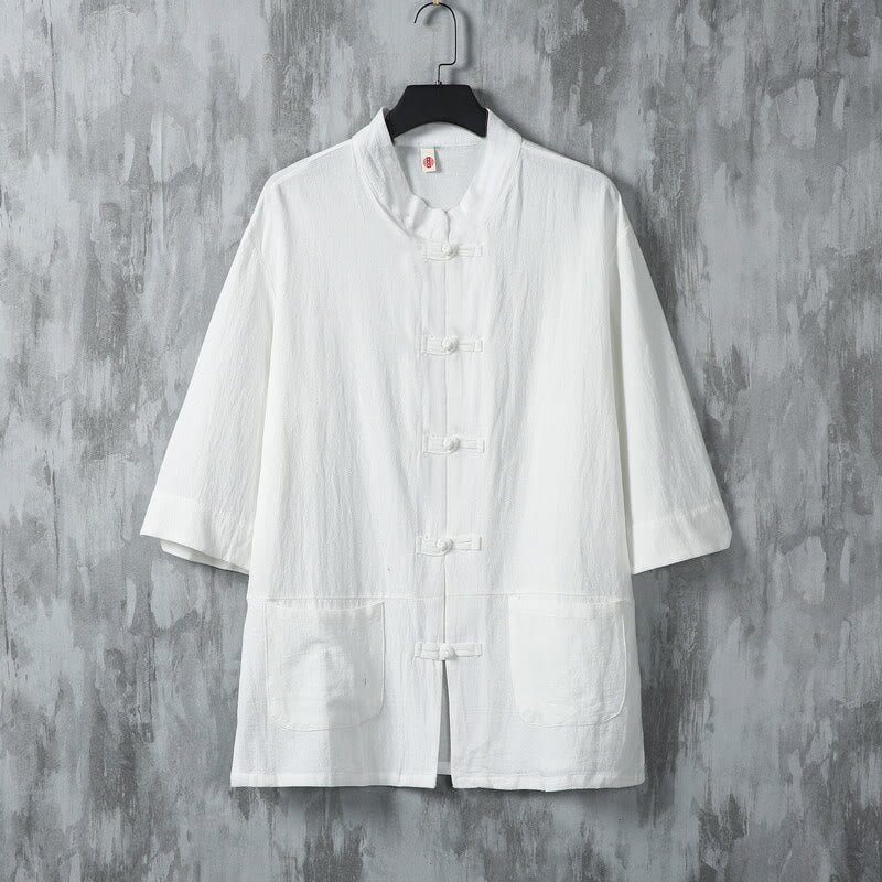 Camisa de lino de media manga para hombre con diseño de botones de rana y bolsillos, color liso, con Buddha Stones - Blanco - US/UK/AU46, EU56 (5XL) - image 2