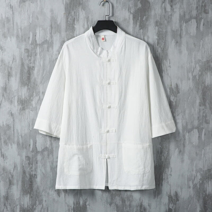 Camisa de lino de media manga para hombre con diseño de botones de rana y bolsillos, color liso, con Buddha Stones - Blanco - US/UK/AU46, EU56 (5XL) - image 2