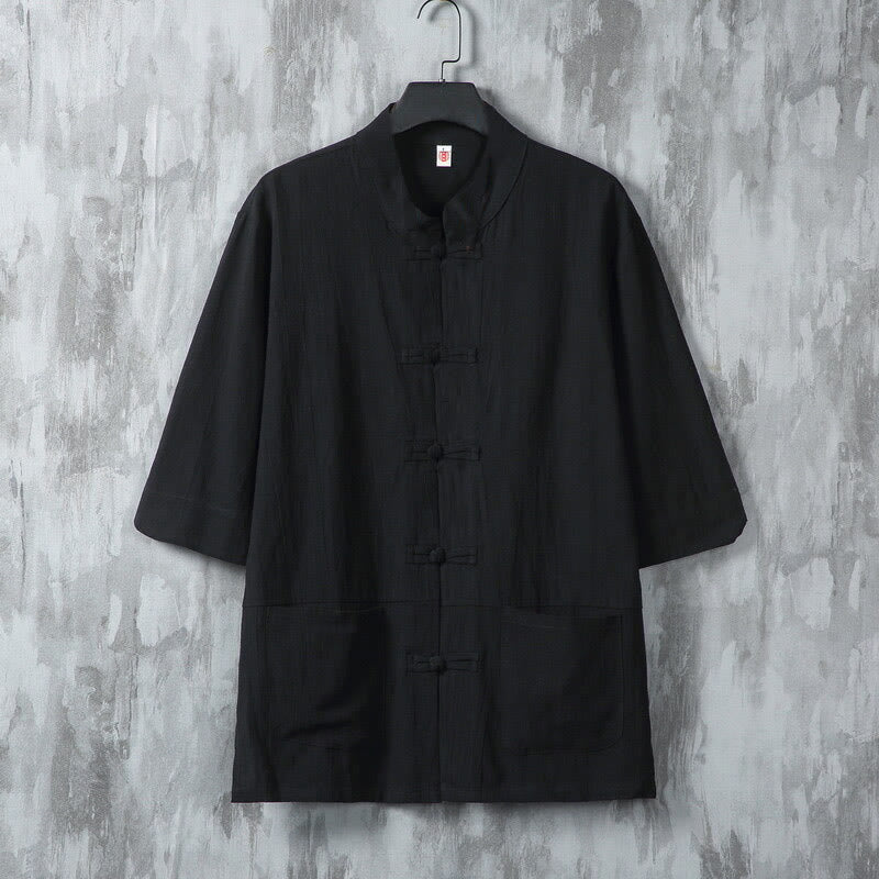 Camisa de lino de media manga para hombre con diseño de botones de rana y bolsillos, color liso, con Buddha Stones - Negro - US/UK/AU46, EU56 (5XL) - image 7