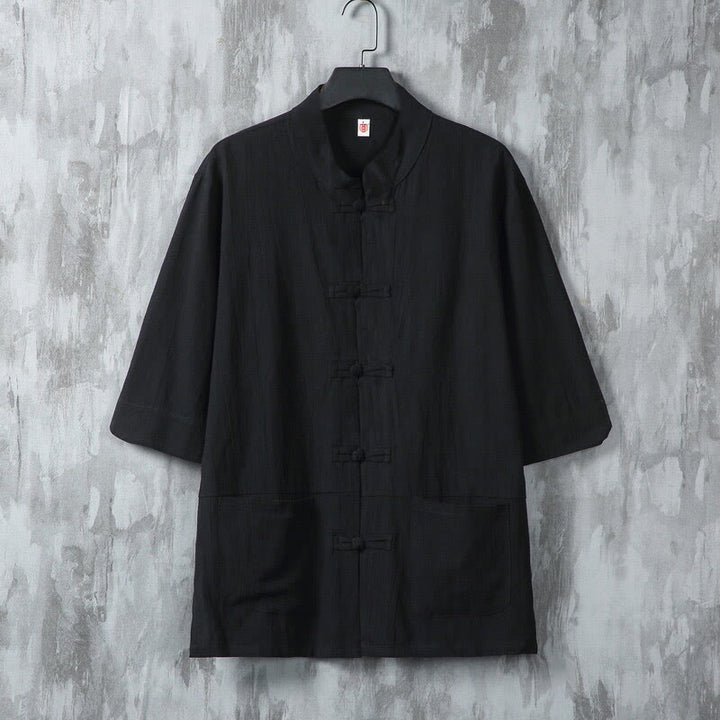 Camisa de lino de media manga para hombre con diseño de botones de rana y bolsillos, color liso, con Buddha Stones - Negro - US/UK/AU46, EU56 (5XL) - image 7