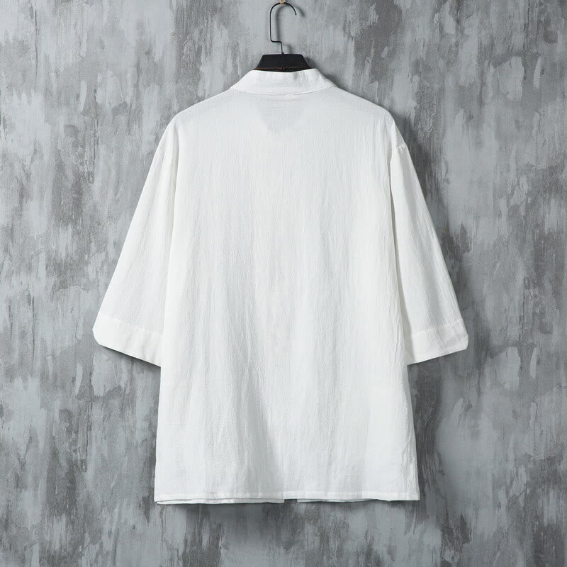 Camisa de lino de media manga para hombre con diseño de botones de rana y bolsillos, color liso, con Buddha Stones - image 3