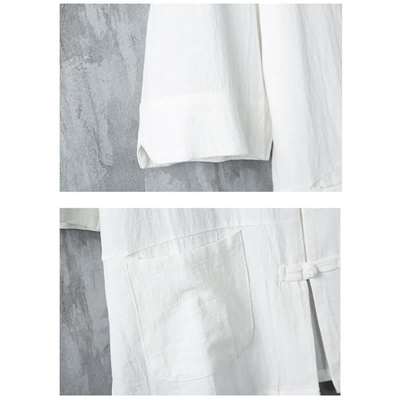 Camisa de lino de media manga para hombre con diseño de botones de rana y bolsillos, color liso, con Buddha Stones - image 6