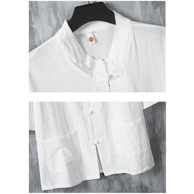 Camisa de lino de media manga para hombre con diseño de botones de rana y bolsillos, color liso, con Buddha Stones - image 5