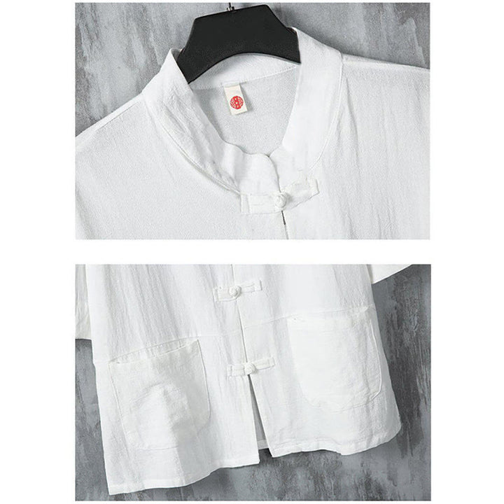 Camisa de lino de media manga para hombre con diseño de botones de rana y bolsillos, color liso, con Buddha Stones - image 5