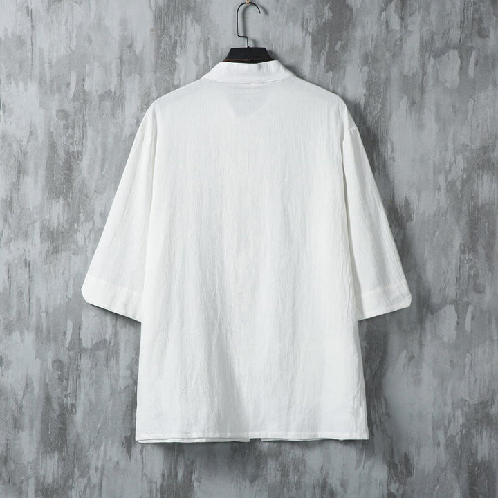 Camisa de lino de media manga para hombre con diseño de botones de rana y bolsillos, color liso, con Buddha Stones - image 3