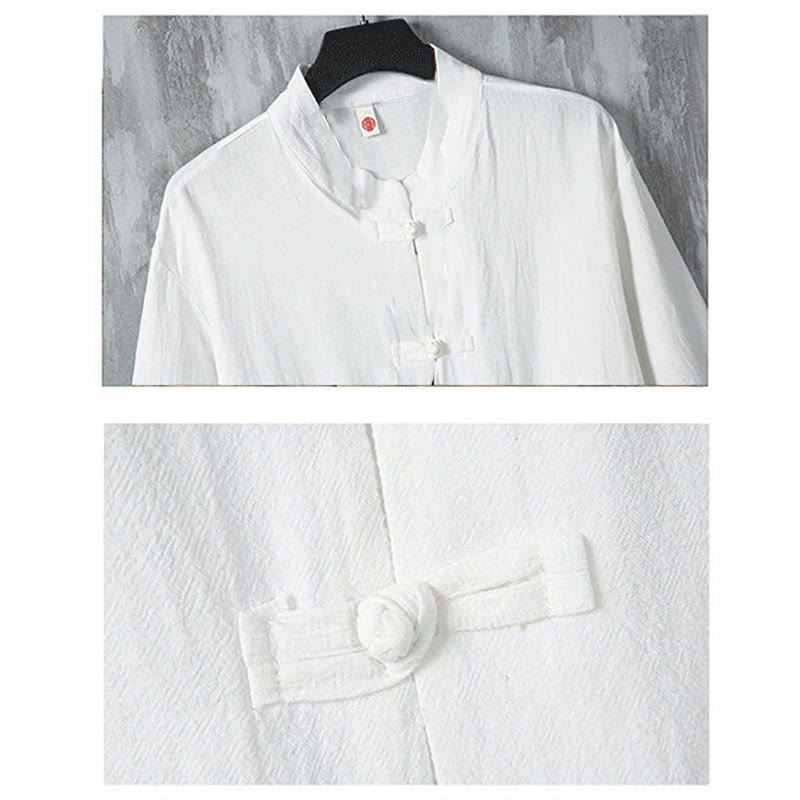 Camisa de lino de media manga para hombre con diseño de botones de rana y bolsillos, color liso, con Buddha Stones - image 4