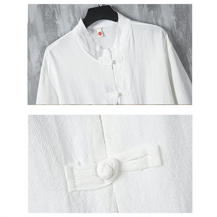 Camisa de lino de media manga para hombre con diseño de botones de rana y bolsillos, color liso, con Buddha Stones - image 4