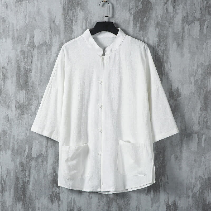 Camisa de lino de media manga para hombre con bolsillos y diseño de traje Tang de color liso de verano con Buddha Stones - Blanco - US/UK/AU46, EU56 (5XL) - image 2