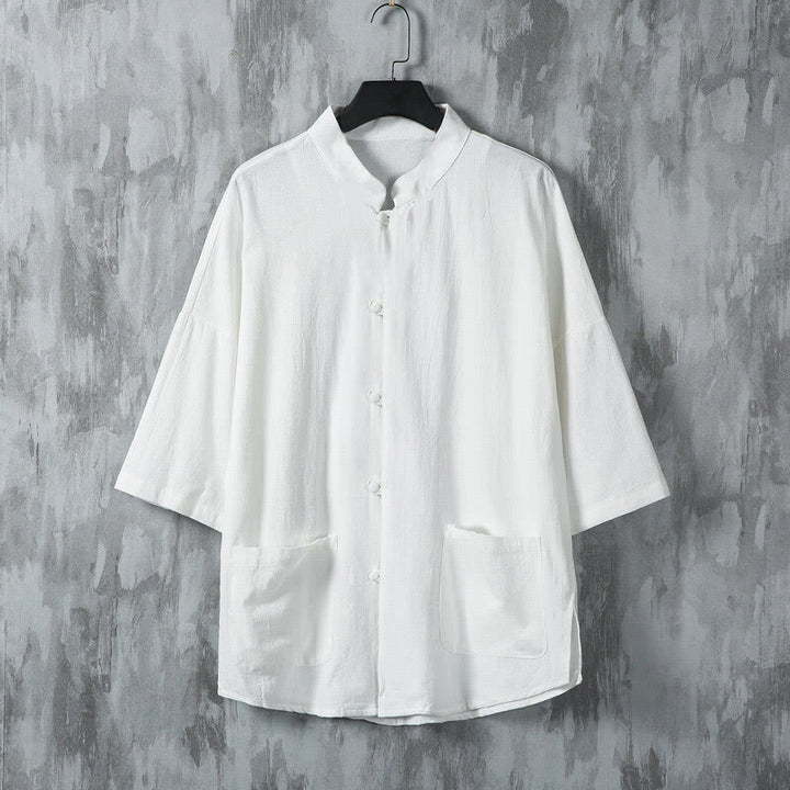 Camisa de lino de media manga para hombre con bolsillos y diseño de traje Tang de color liso de verano con Buddha Stones - Blanco - US/UK/AU46, EU56 (5XL) - image 2