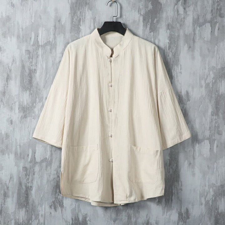 Camisa de lino de media manga para hombre con bolsillos y diseño de traje Tang de color liso de verano con Buddha Stones