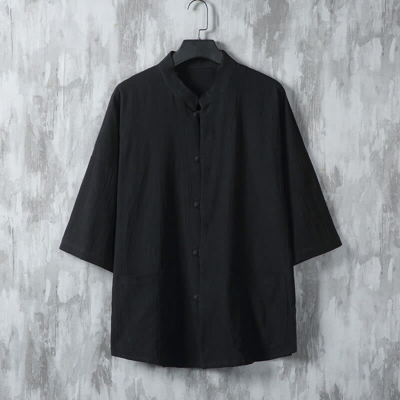 Camisa de lino de media manga para hombre con bolsillos y diseño de traje Tang de color liso de verano con Buddha Stones - Negro - US/UK/AU46, EU56 (5XL) - image 7