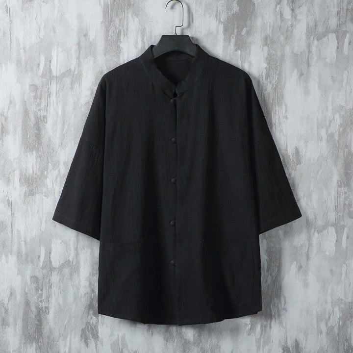 Camisa de lino de media manga para hombre con bolsillos y diseño de traje Tang de color liso de verano con Buddha Stones - Negro - US/UK/AU46, EU56 (5XL) - image 7