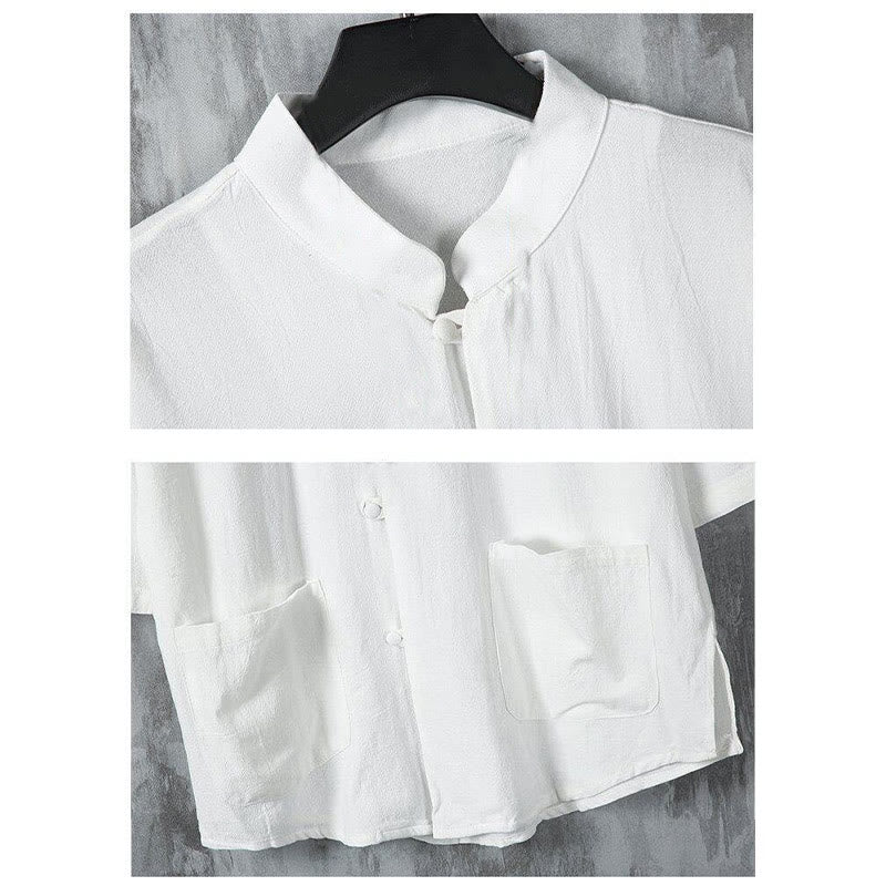 Camisa de lino de media manga para hombre con bolsillos y diseño de traje Tang de color liso de verano con Buddha Stones - image 5