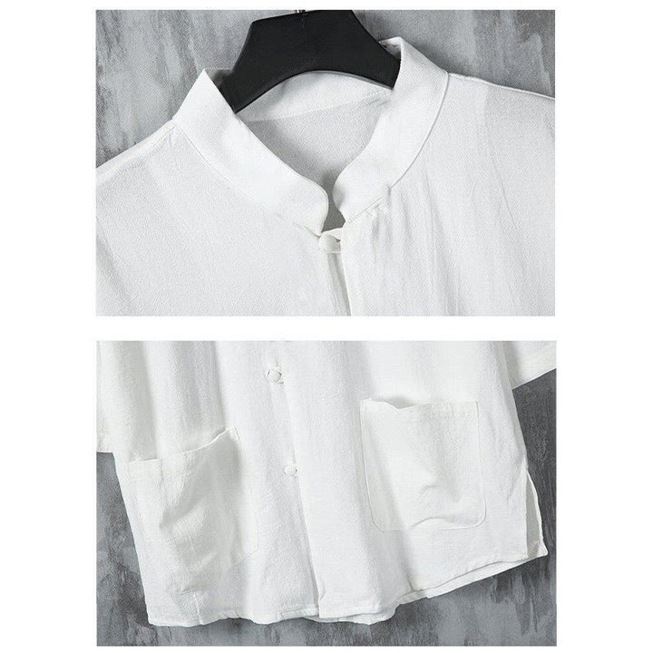 Camisa de lino de media manga para hombre con bolsillos y diseño de traje Tang de color liso de verano con Buddha Stones - image 5