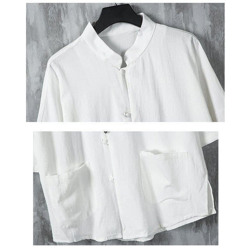 Camisa de lino de media manga para hombre con bolsillos y diseño de traje Tang de color liso de verano con Buddha Stones - image 4
