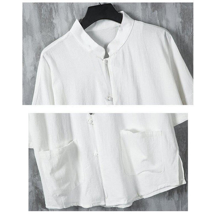 Camisa de lino de media manga para hombre con bolsillos y diseño de traje Tang de color liso de verano con Buddha Stones - image 4