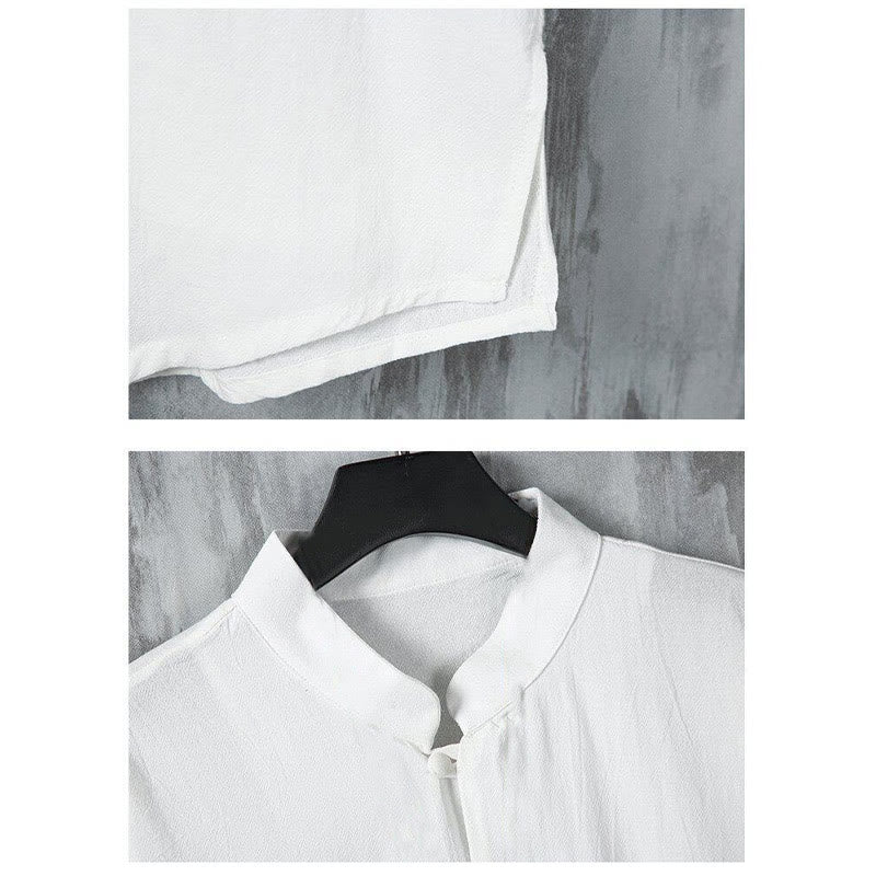 Camisa de lino de media manga para hombre con bolsillos y diseño de traje Tang de color liso de verano con Buddha Stones - image 6