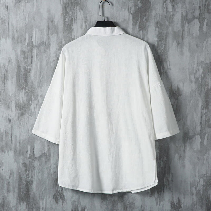 Camisa de lino de media manga para hombre con bolsillos y diseño de traje Tang de color liso de verano con Buddha Stones - image 3