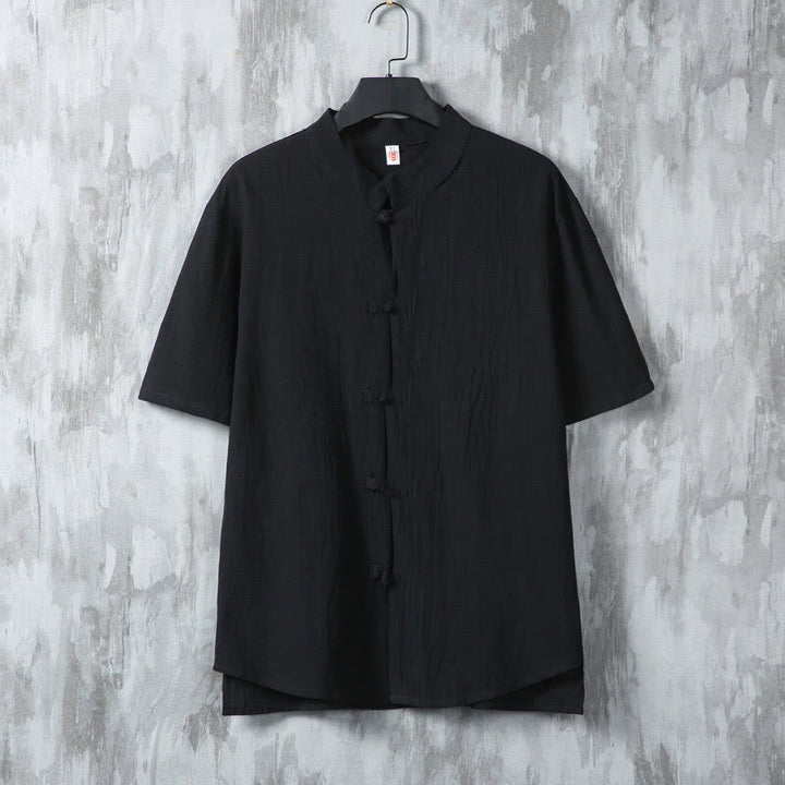Camisa de algodón de manga corta para hombre, diseño de botones de rana, estilo Tang de verano con Buddha Stones - Negro - US/UK/AU46, EU56 (5XL) - image 7