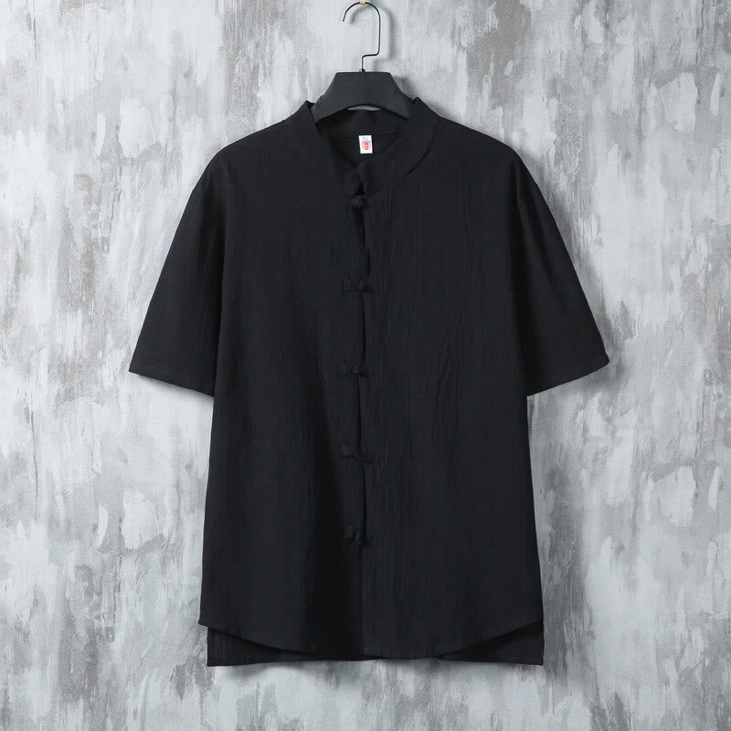 Camisa de algodón de manga corta para hombre, diseño de botones de rana, estilo Tang de verano con Buddha Stones - Negro - US/UK/AU46, EU56 (5XL) - image 7