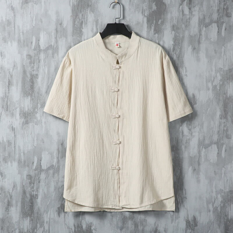 Camisa de algodón de manga corta para hombre, diseño de botones de rana, estilo Tang de verano con Buddha Stones - Lino - US/UK/AU46, EU56 (5XL) - image 0