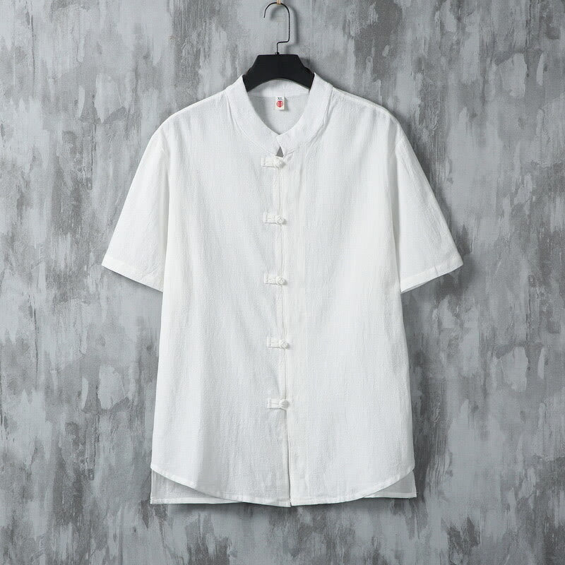 Camisa de algodón de manga corta para hombre, diseño de botones de rana, estilo Tang de verano con Buddha Stones - Blanco - US/UK/AU46, EU56 (5XL) - image 2