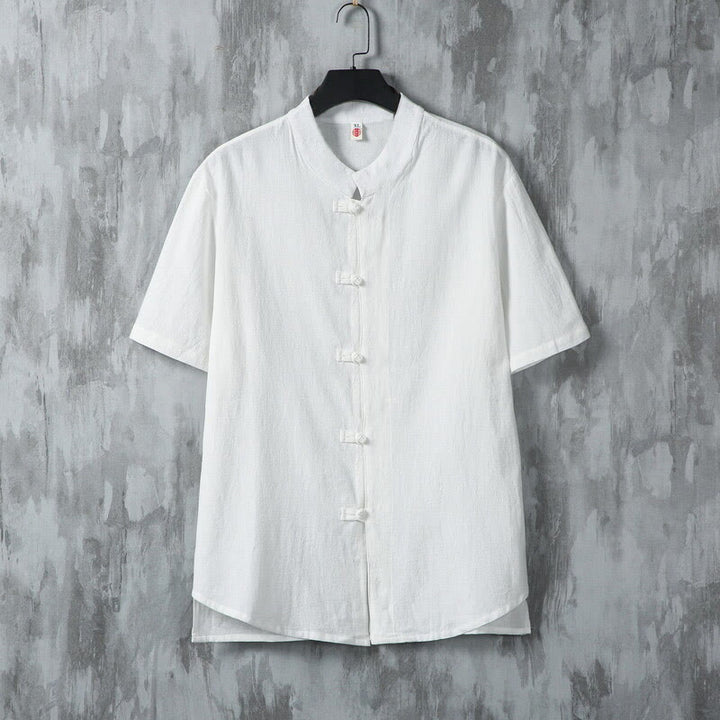 Camisa de algodón de manga corta para hombre, diseño de botones de rana, estilo Tang de verano con Buddha Stones - Blanco - US/UK/AU46, EU56 (5XL) - image 2