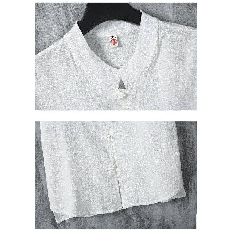 Camisa de algodón de manga corta para hombre, diseño de botones de rana, estilo Tang de verano con Buddha Stones - image 4