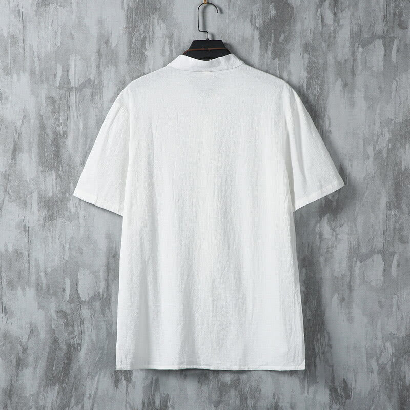 Camisa de algodón de manga corta para hombre, diseño de botones de rana, estilo Tang de verano con Buddha Stones - image 3