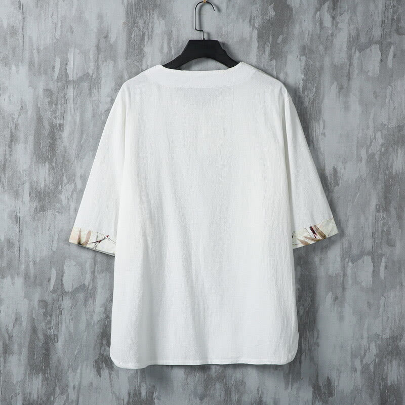 Camisa de lino para hombre de media manga con botones de rana y hojas de bambú amarillas de verano con Buddha Stones - image 2