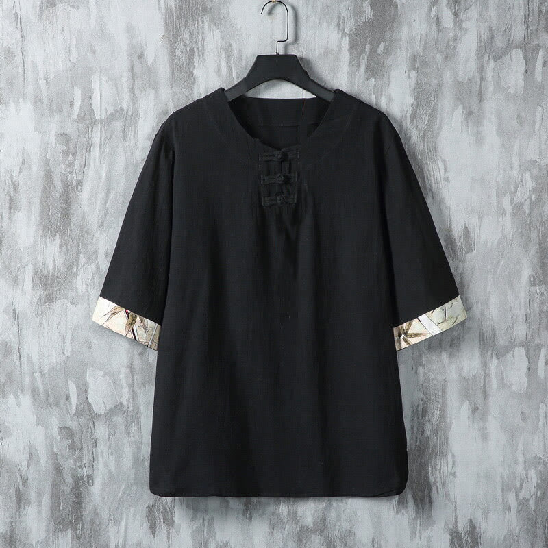 Camisa de lino para hombre de media manga con botones de rana y hojas de bambú amarillas de verano con Buddha Stones - Negro - US/UK/AU46, EU56 (5XL) - image 6